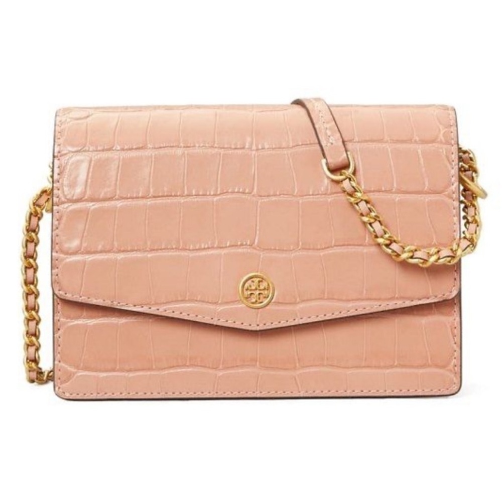 Tory Burch Mini Robinson Convertible Shoulder Bag Pink Croc Embossed Leather - Picture 2 of 2